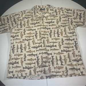 Vintage Orvis Mens Fish All Over Print Camp Button Up Shirt Size XXL Made In USA